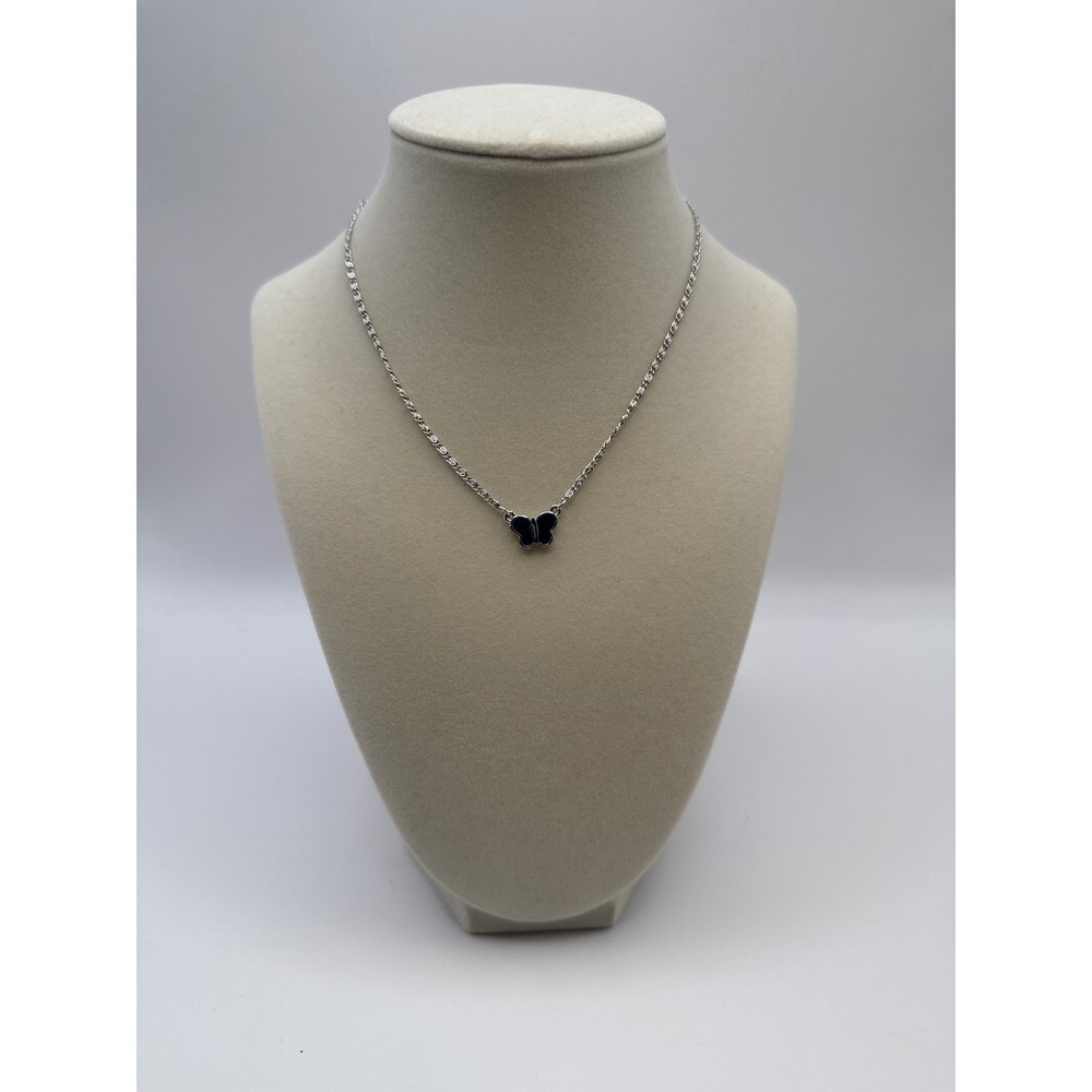 Blue Enamel Butterfly Pendant Necklace Silver Tone Twisted Link Chain 14.5 Inch
